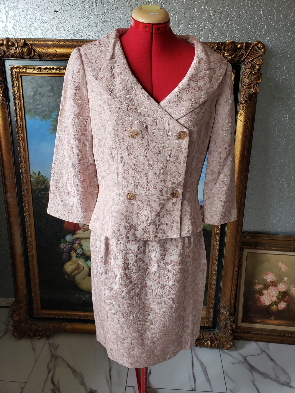 Neiman Marcus Pale Pink Floral Brocade Double-Breasted Blazer & Skirt